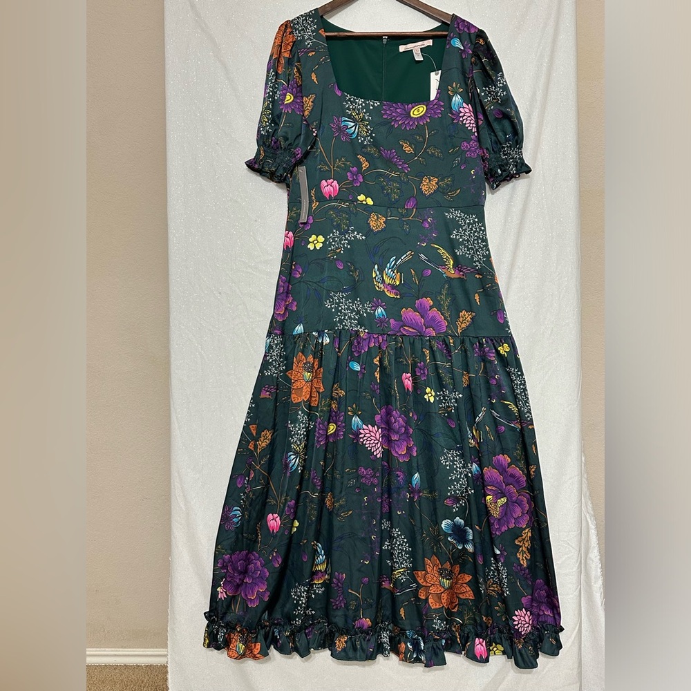 Anthropologie Hutch Dark Green Satin Floral Maxi Dress